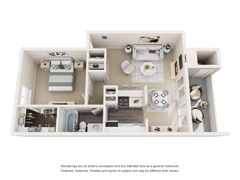 Floor plan for 1 bed, 1 bath, 687 sqft